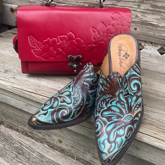 NWT Patricia Nash Charonne Satchel Bag Tooled Granita Red Leather Handbag Purse - Picture 10 of 11